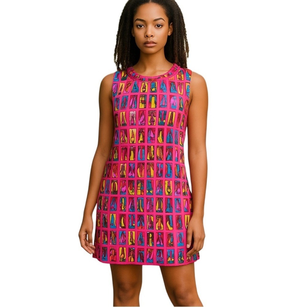 TRACY NEGOSHIAN Pink Sunbathers Braided Neckline Shift Dress‎ - Small